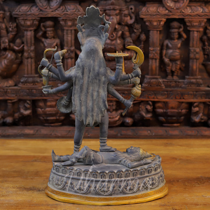 Brass Kali Idol, Standing on Shiva Chest, Black Patina & Golden Finish 20" back view