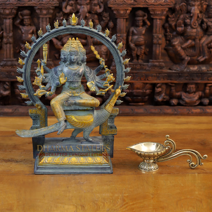 Brass Kartik Seated with Frame & Peacock, Grey & Golden Finish, 17.5"