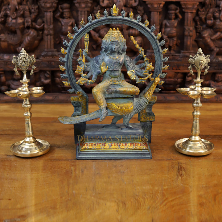 Brass Kartik Seated with Frame & Peacock, Grey & Golden Finish, 17.5"