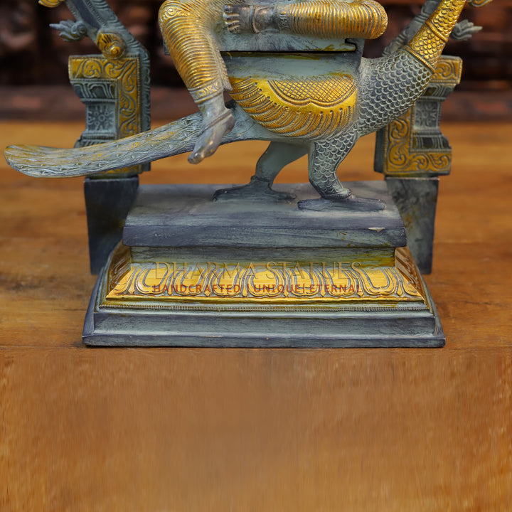 Brass Kartik Seated with Frame & Peacock, Grey & Golden Finish, 17.5"