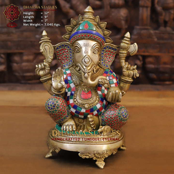 Brass Ganesha Idol, Seated on a Chowki, Golden and Stone Finish 12"