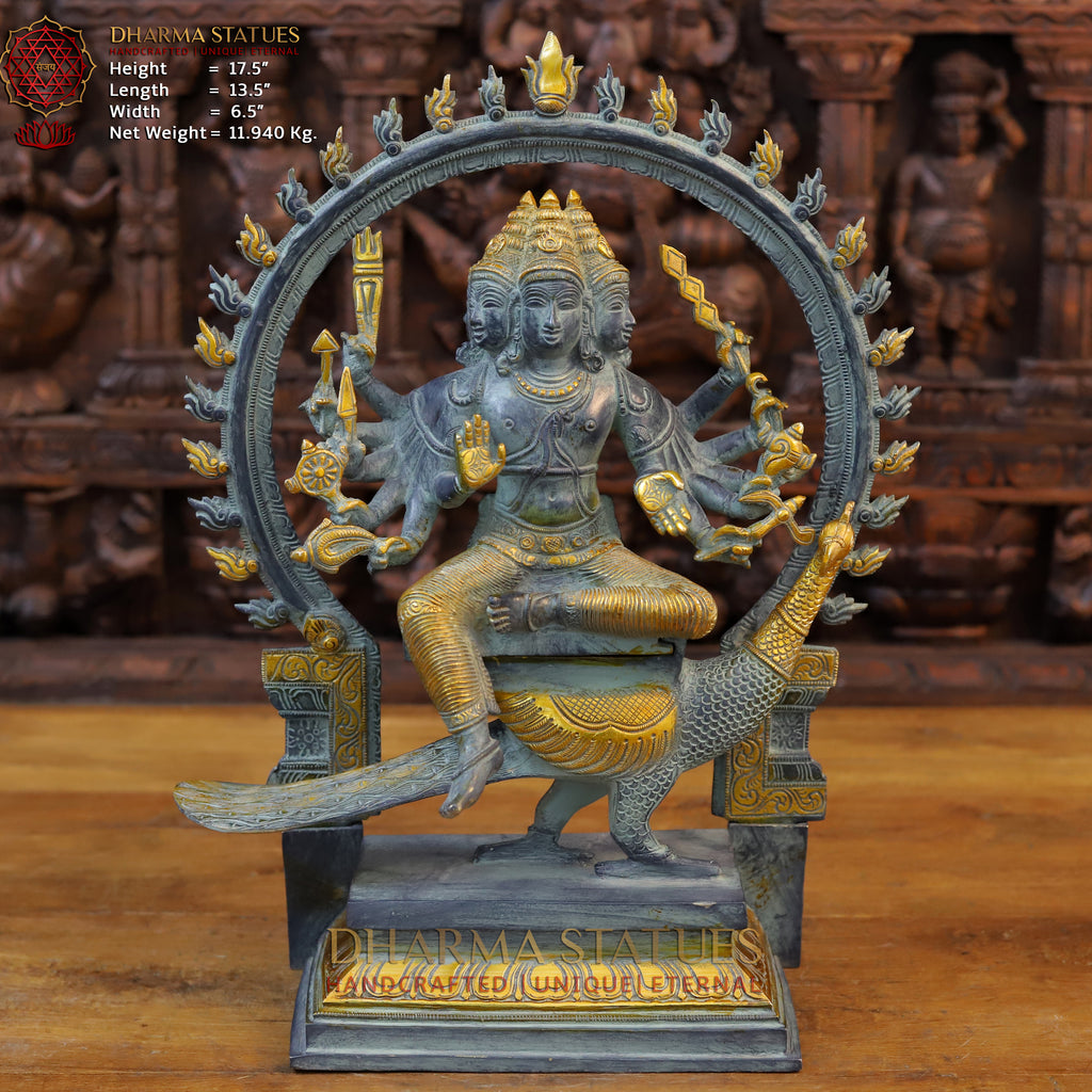 Brass Kartikeya Idol, Seated on a Peacock, Black patina & Golden Finish 17.5" front view