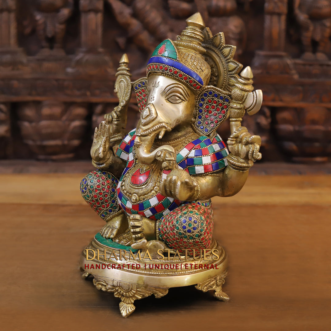 Brass Ganesha Idol, Seated on a Chowki, Golden and Stone Finish 12"