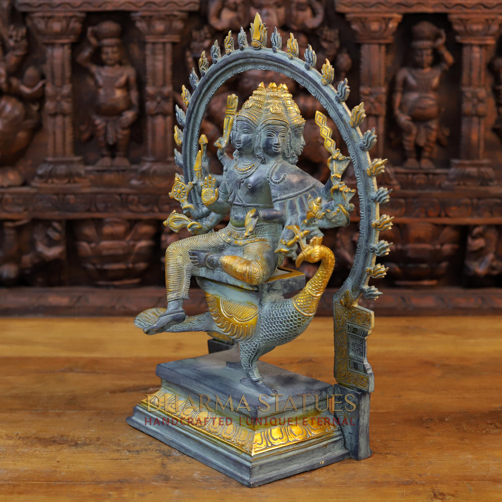 Brass Kartikeya Idol, Seated on a Peacock, Black patina & Golden Finish 17.5" side view