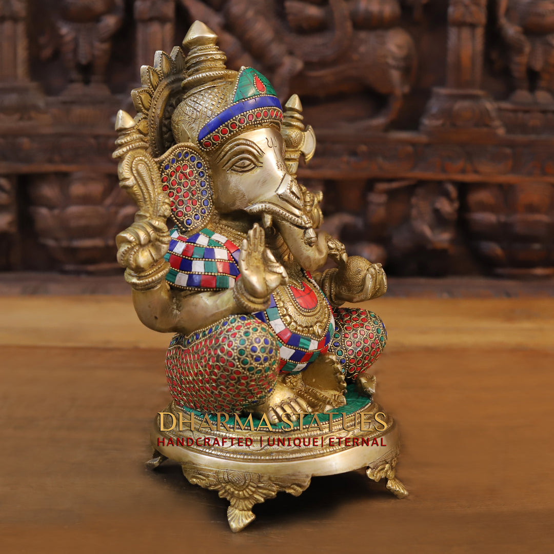 Brass Ganesha Idol, Seated on a Chowki, Golden and Stone Finish 12"