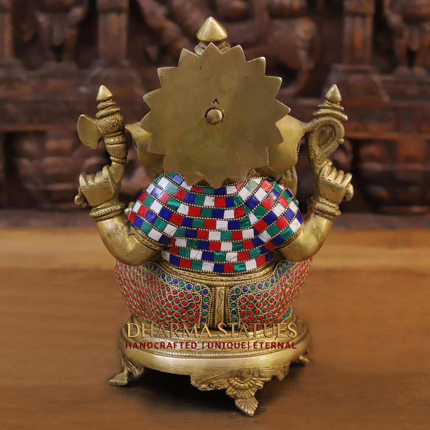 Brass Ganesha Idol, Seated on a Chowki, Golden and Stone Finish 12"