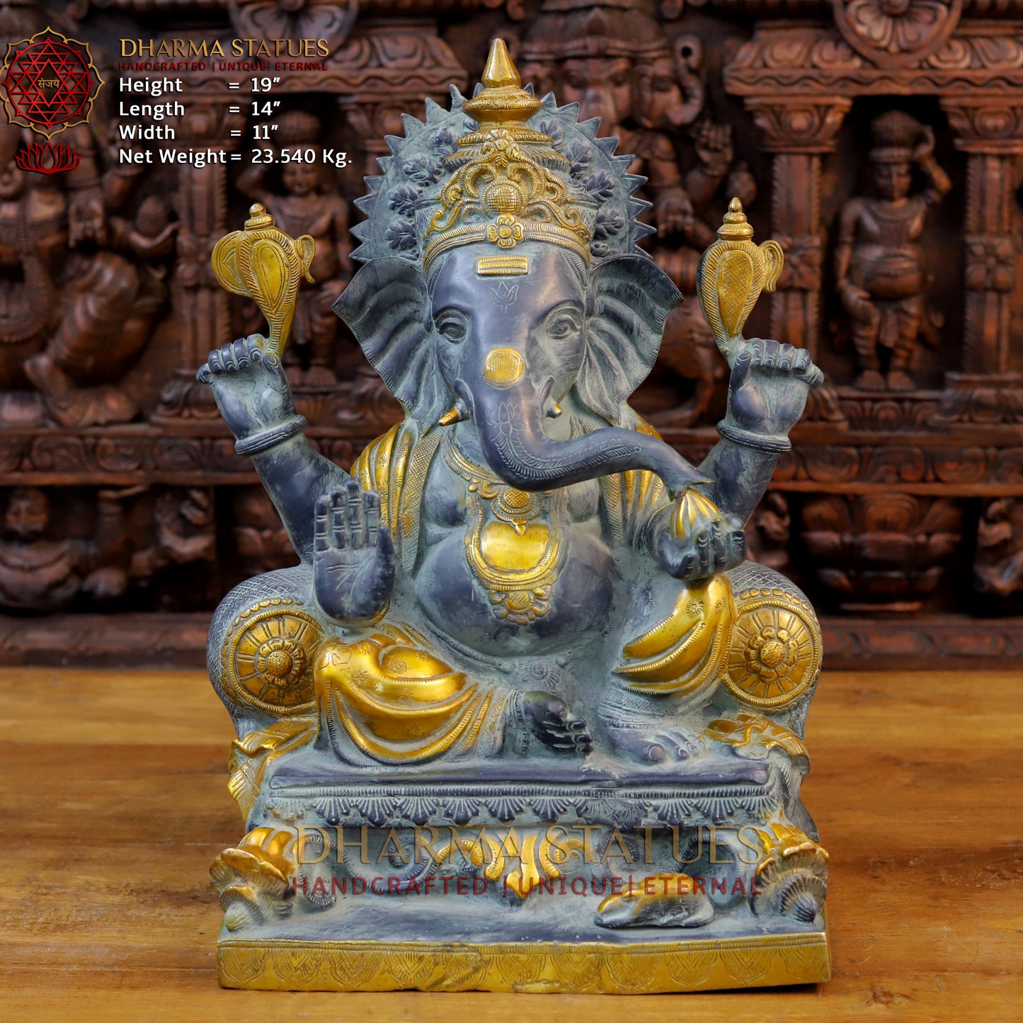 Brass Ganesh Idol, Seated on a Chowki, Black patina & Golden finish 19" front view