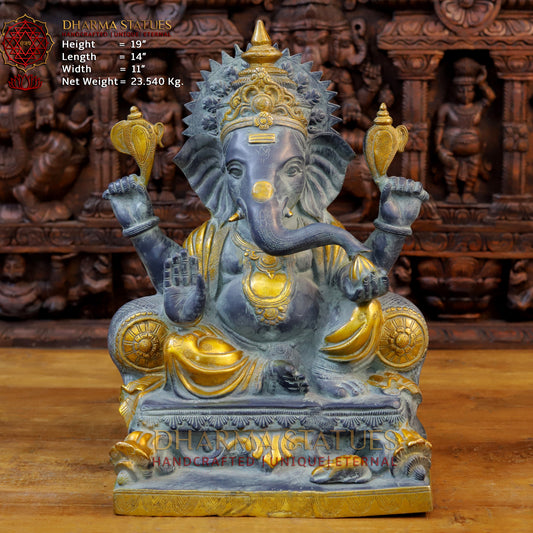 Brass Ganesh Idol, Seated on a Chowki, Black patina & Golden finish 19" front view