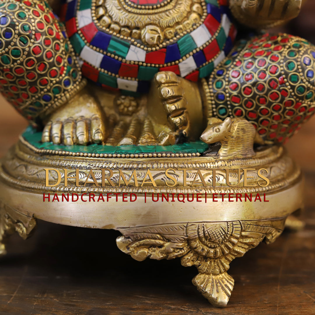 Brass Ganesha Idol, Seated on a Chowki, Golden and Stone Finish 12"