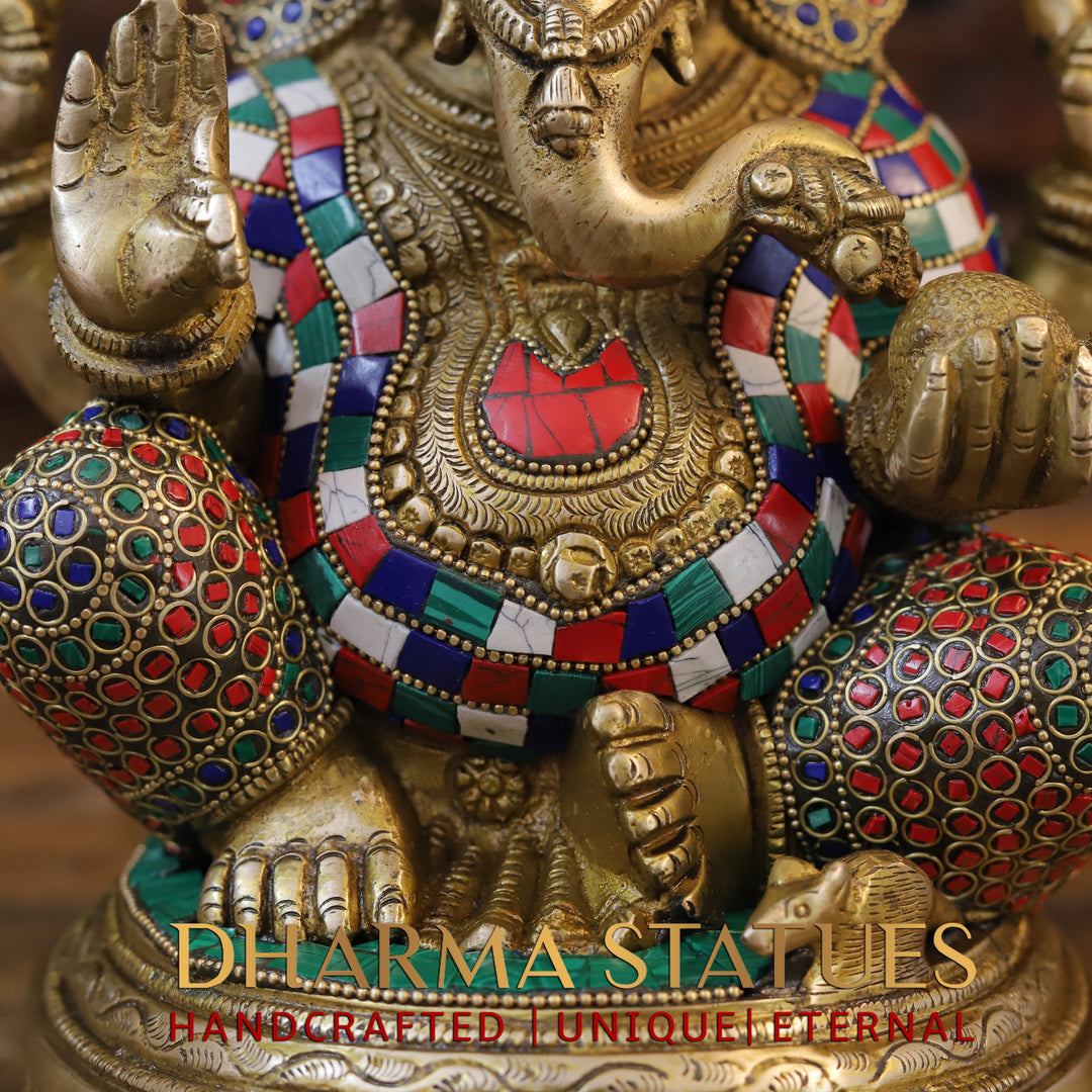 Brass Ganesha Idol, Seated on a Chowki, Golden and Stone Finish 12"