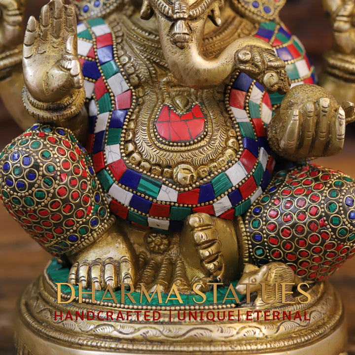 Brass Ganesha Idol, Seated on a Chowki, Golden and Stone Finish 12"