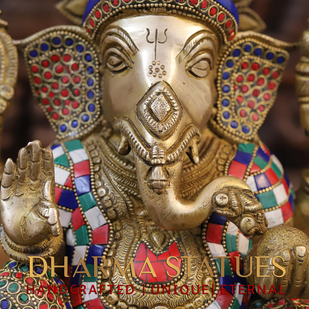 Brass Ganesha Idol, Seated on a Chowki, Golden and Stone Finish 12"