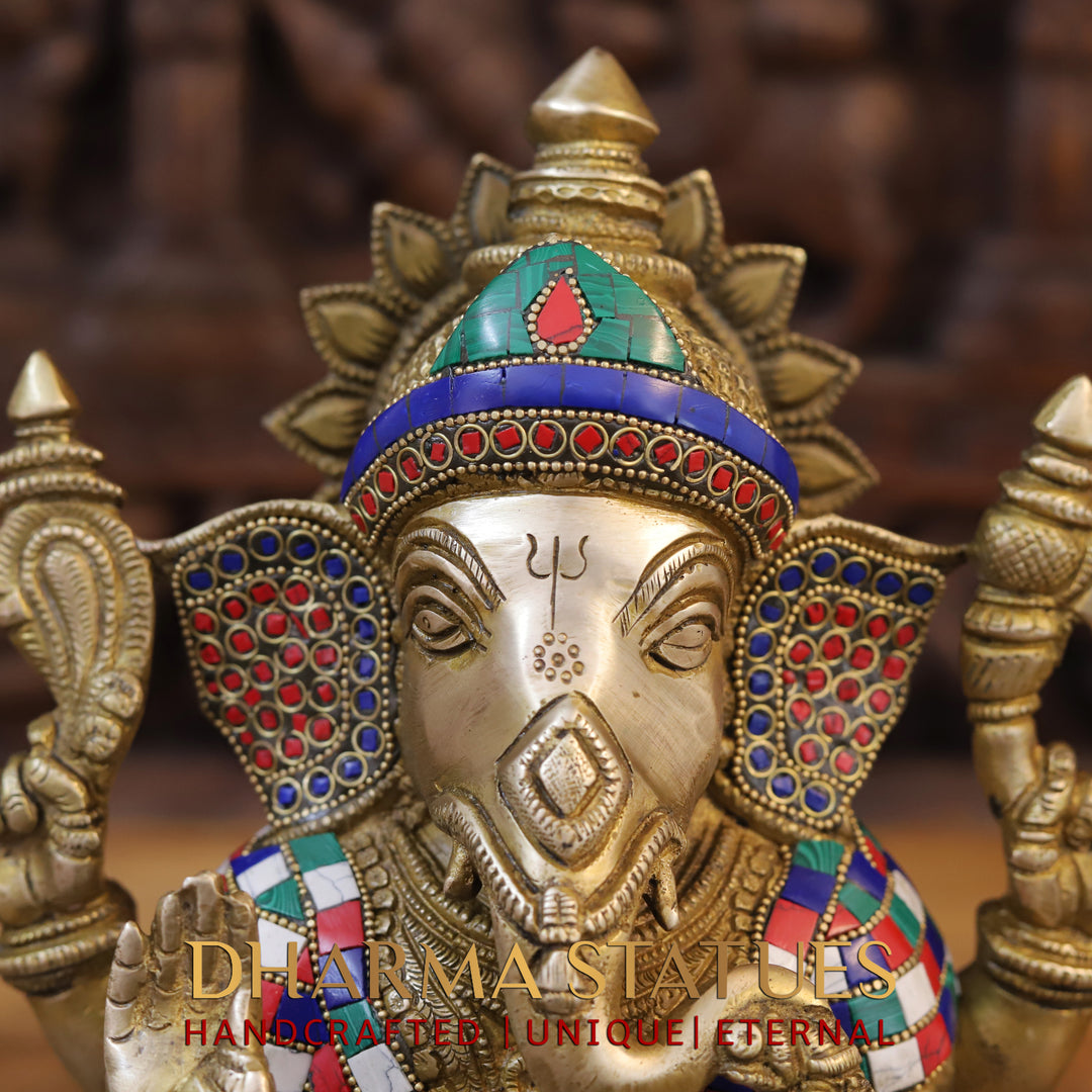 Brass Ganesha Idol, Seated on a Chowki, Golden and Stone Finish 12"