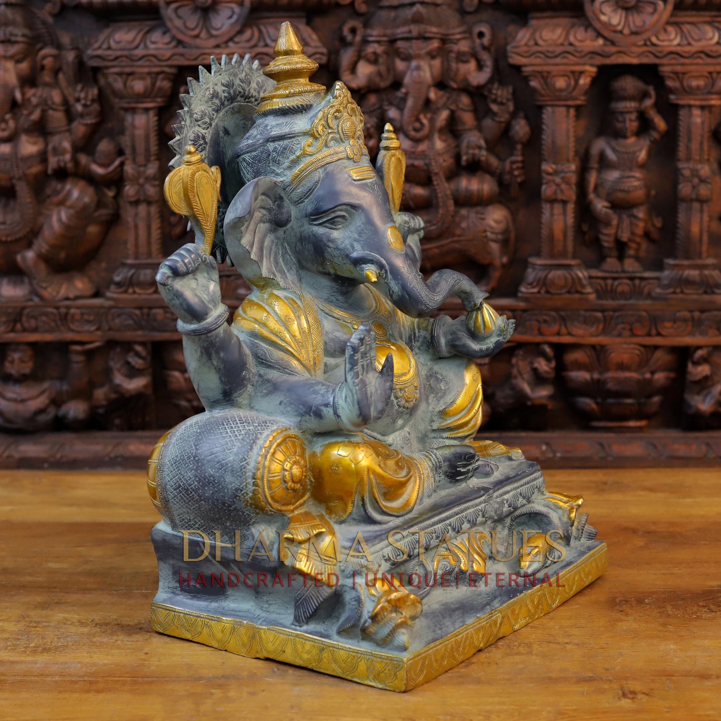Brass Ganesh Idol, Seated on a Chowki, Black patina & Golden finish 19" side view
