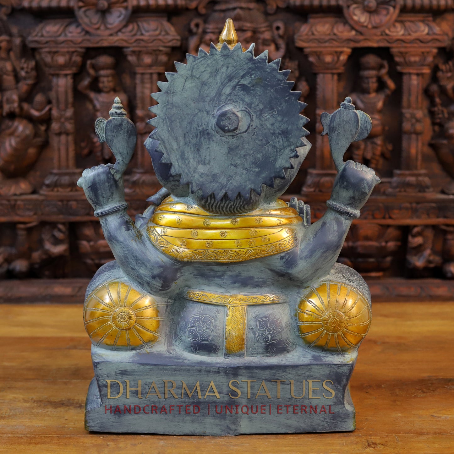 Brass Ganesh Idol, Seated on a Chowki, Black patina & Golden finish 19" back view