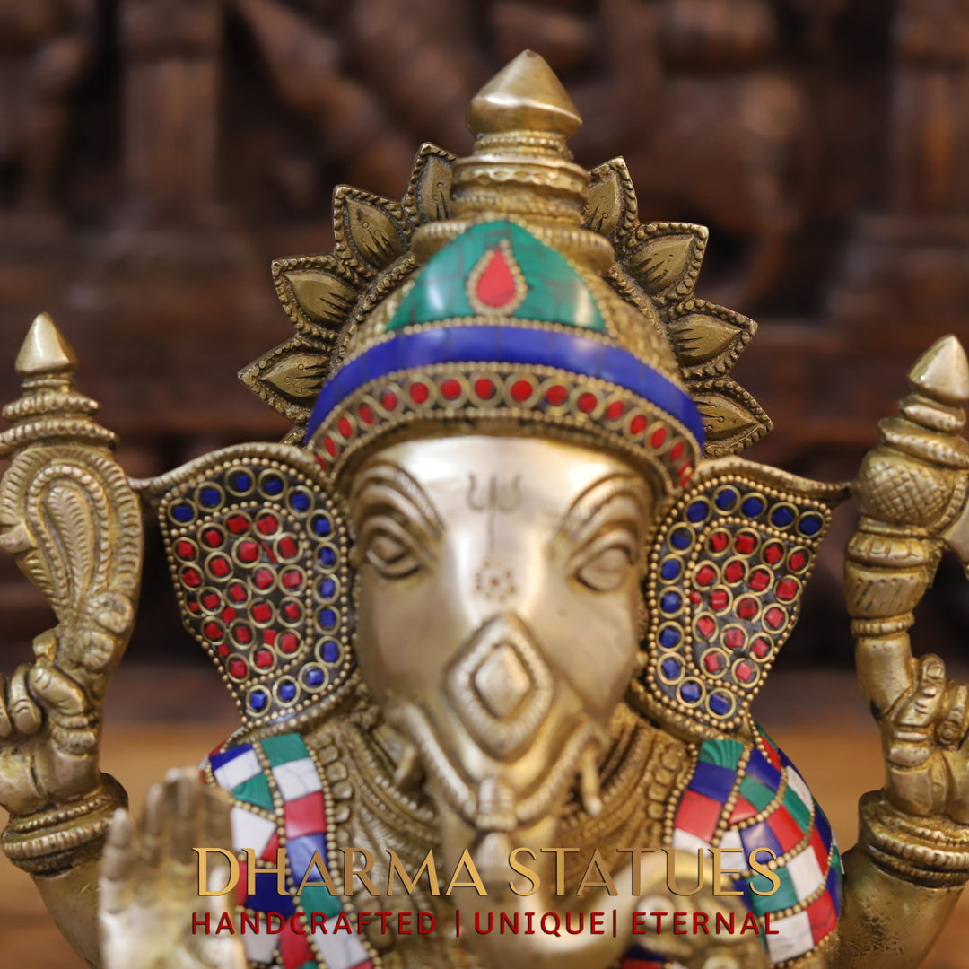 Brass Ganesha Idol, Seated on a Chowki, Golden and Stone Finish 12"