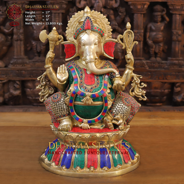 Brass Ganesha Statue, Blessing Ganesha, Golden and Stone work 17"