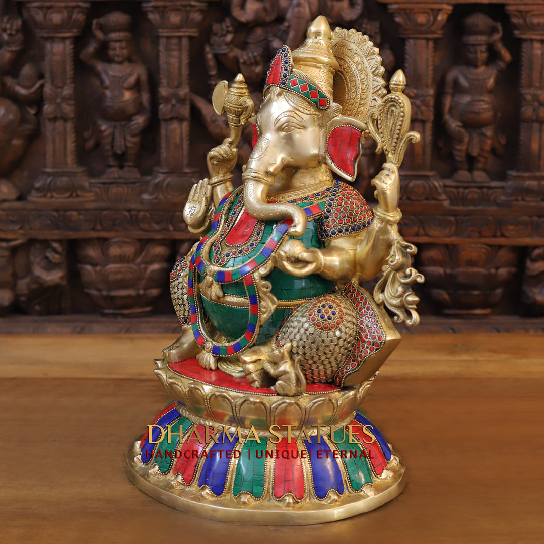 Brass Ganesha Statue, Blessing Ganesha, Golden and Stone work 17"