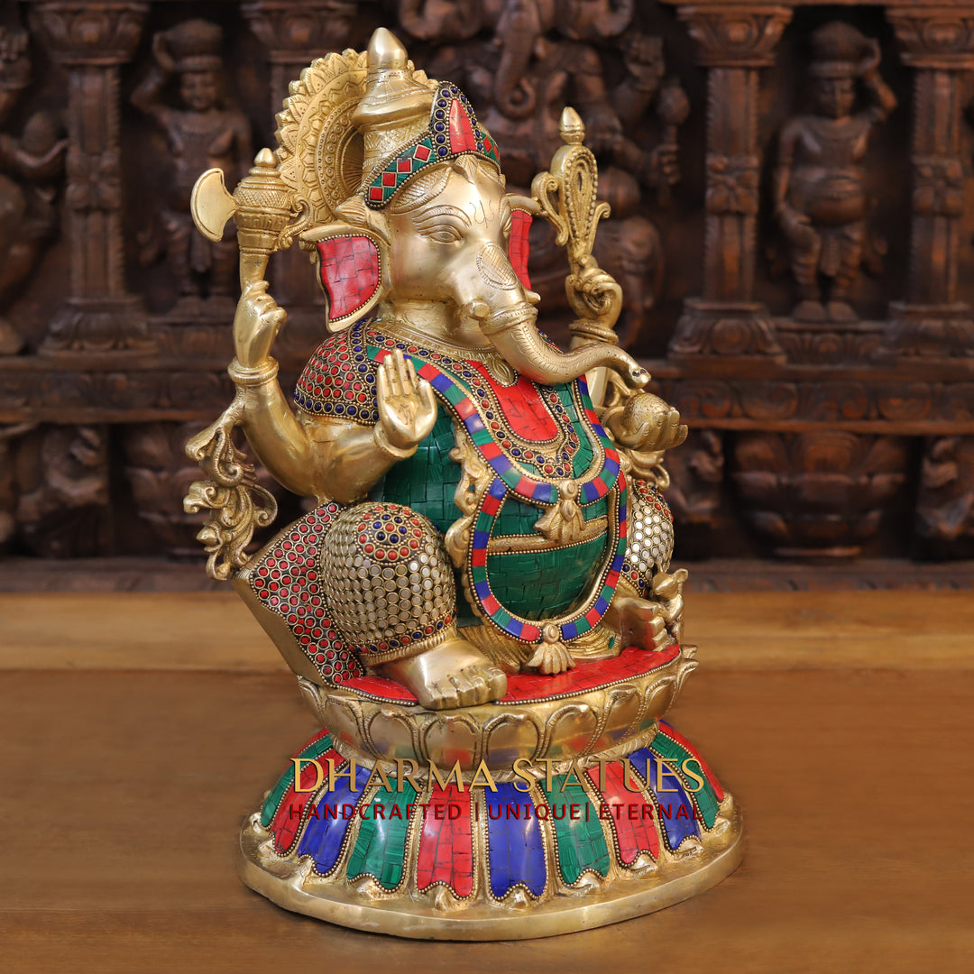 Brass Ganesha Statue, Blessing Ganesha, Golden and Stone work 17"