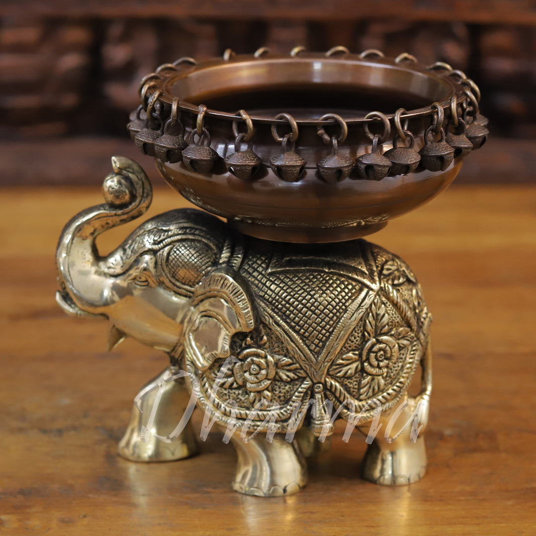 Brass Urli Ornate Elephant, A Urli is Placed on the Elephant's Back 8"