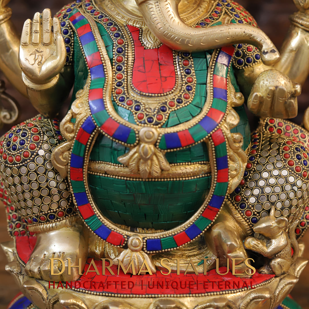 Brass Ganesha Statue, Blessing Ganesha, Golden and Stone work 17"