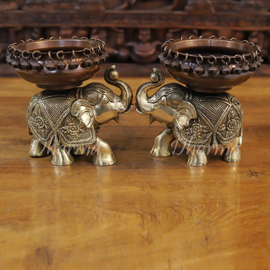 Brass Urli Ornate Elephant, A Urli is Placed on the Elephant's Back 8"