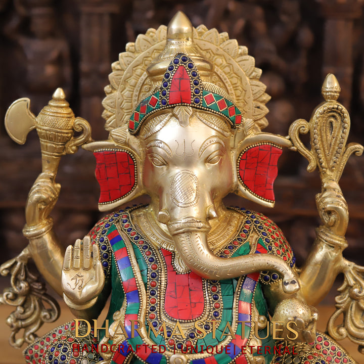 Brass Ganesha Statue, Blessing Ganesha, Golden and Stone work 17"