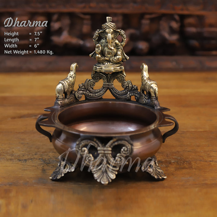 Brass Ganesh Urli, Home Decor, Copper Finish 7.5" Front View