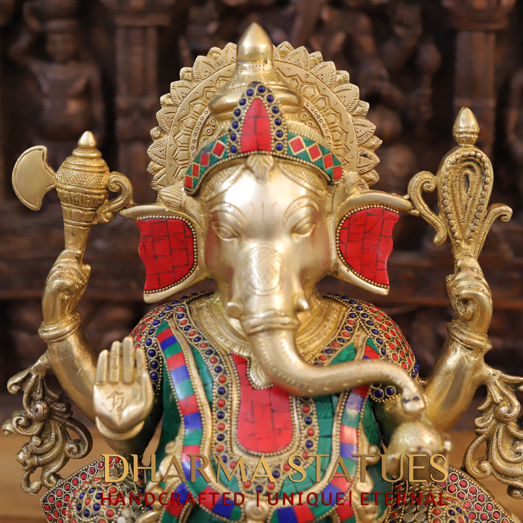 Brass Ganesha Statue, Blessing Ganesha, Golden and Stone work 17"