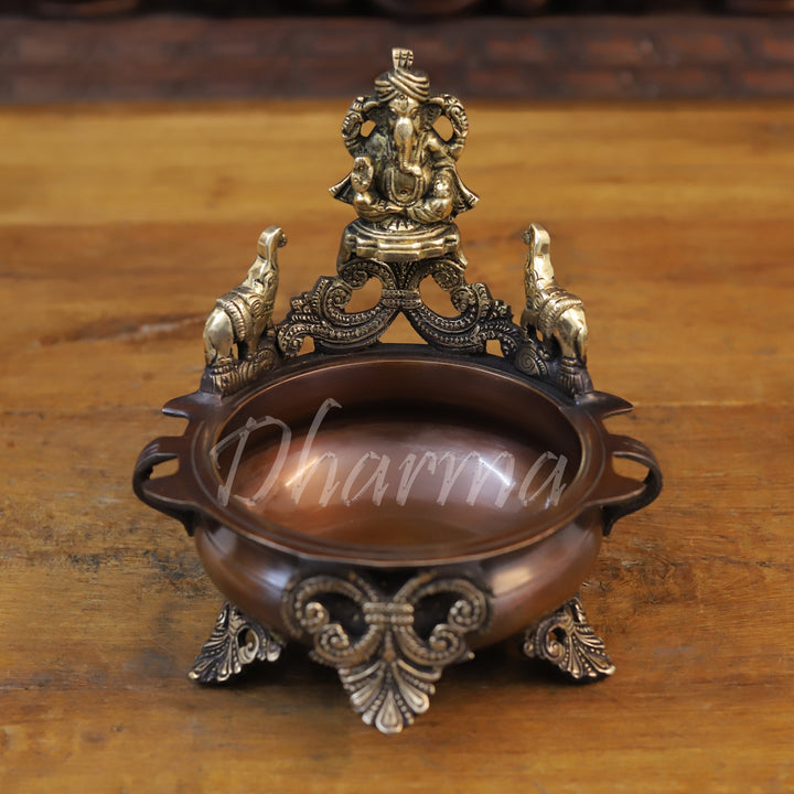 Brass Ganesh Urli, Home Decor, Copper Finish 7.5"