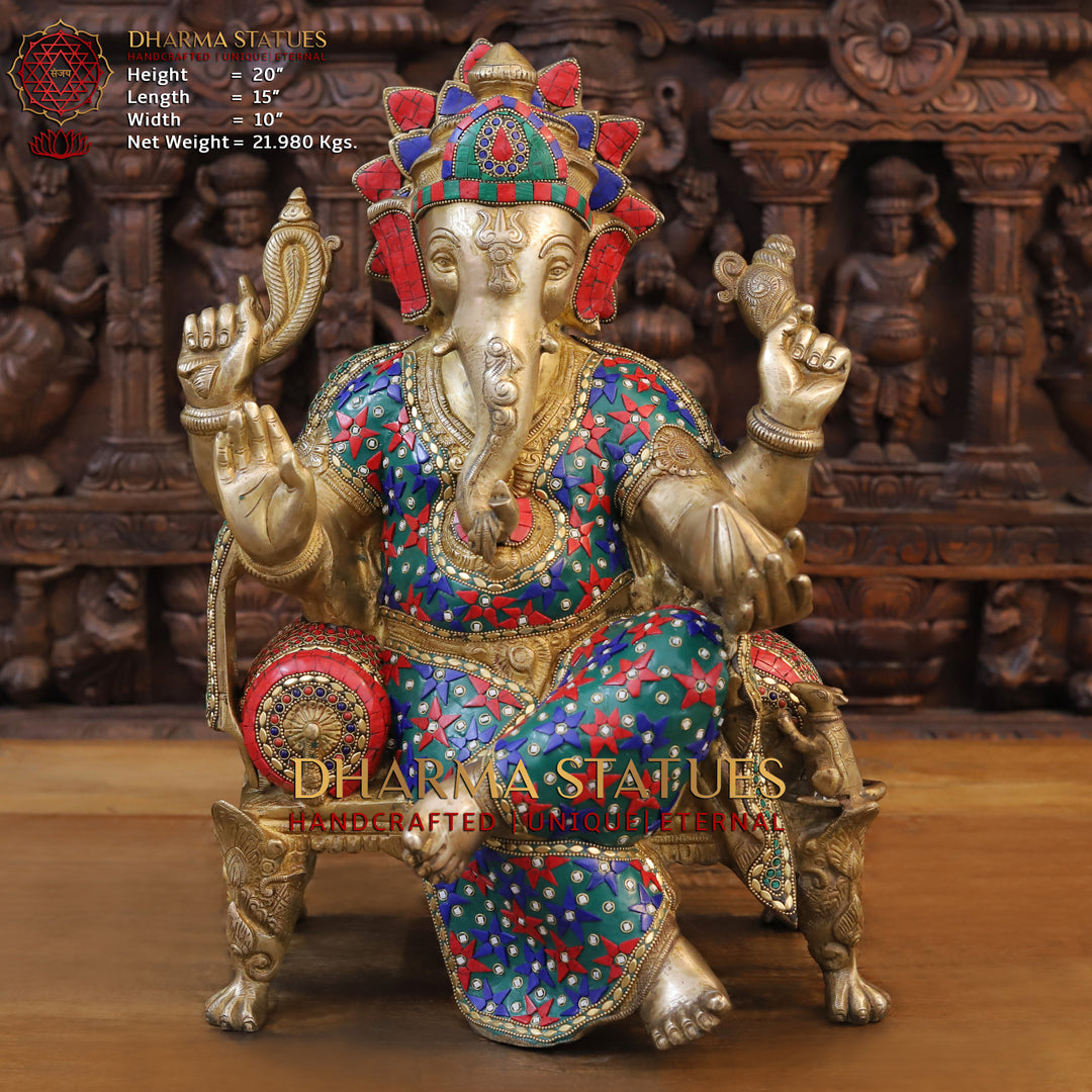 Brass Ganesha Idol, Sitting on a Pedestal, Golden and Stone work 20"