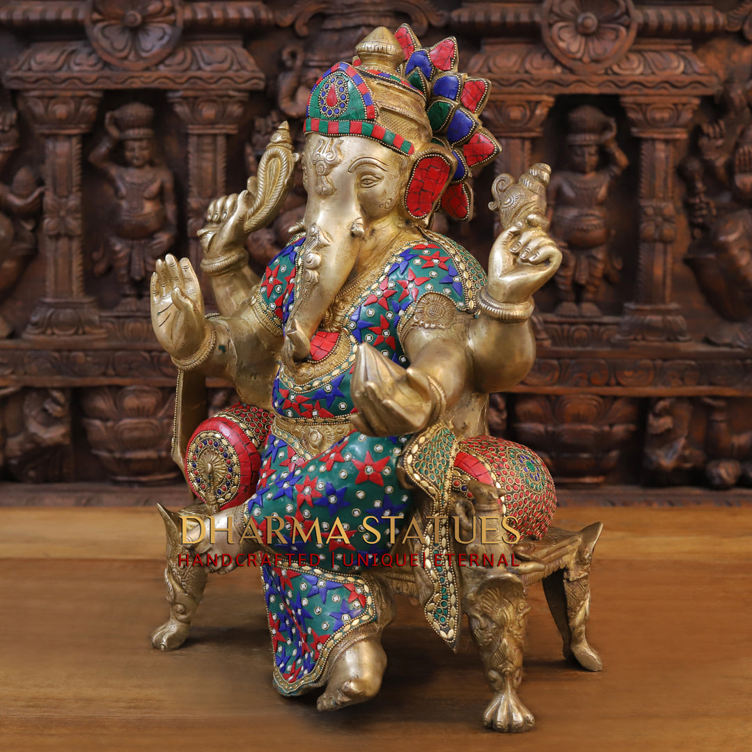 Brass Ganesha Idol, Sitting on a Pedestal, Golden and Stone work 20"