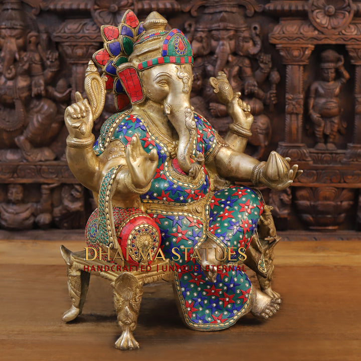 Brass Ganesha Idol, Sitting on a Pedestal, Golden and Stone work 20"