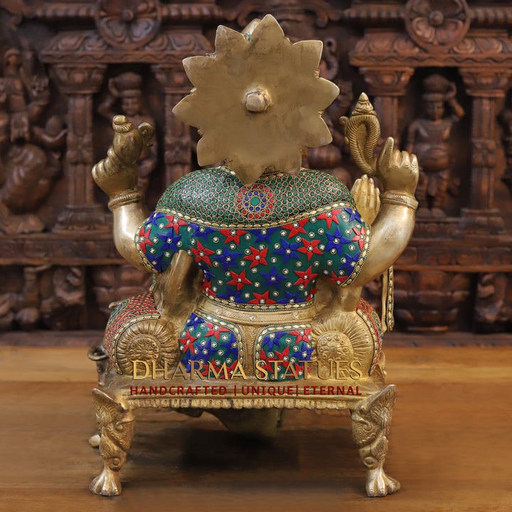 Brass Ganesha Idol, Sitting on a Pedestal, Golden and Stone work 20"