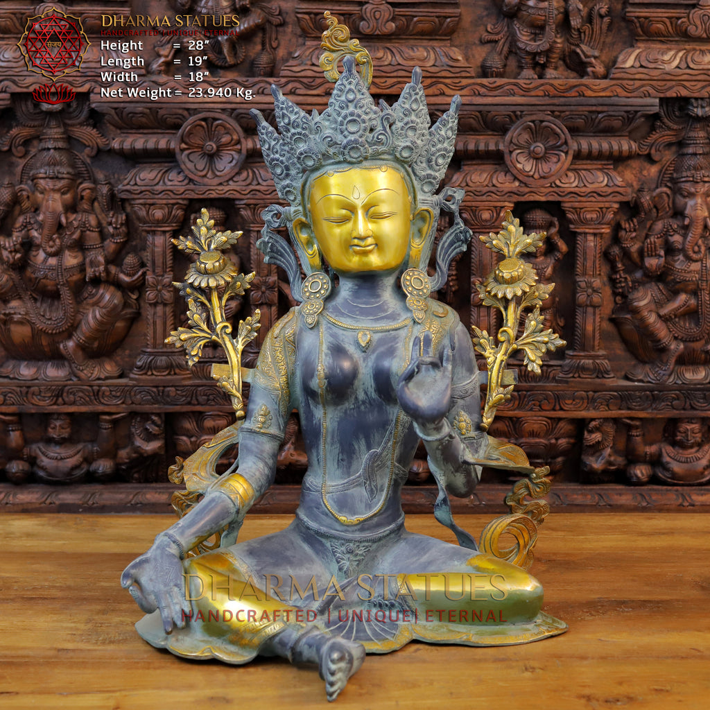 Brass Tara Idol, Seated, Black patina & Golden Finish 28" front view