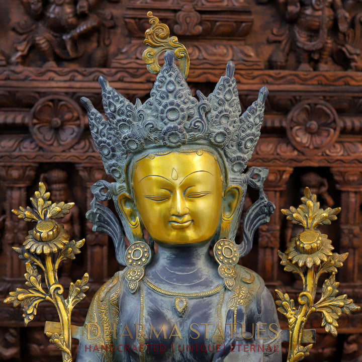 Brass Tara Idol, Seated, Black patina & Golden Finish 28"