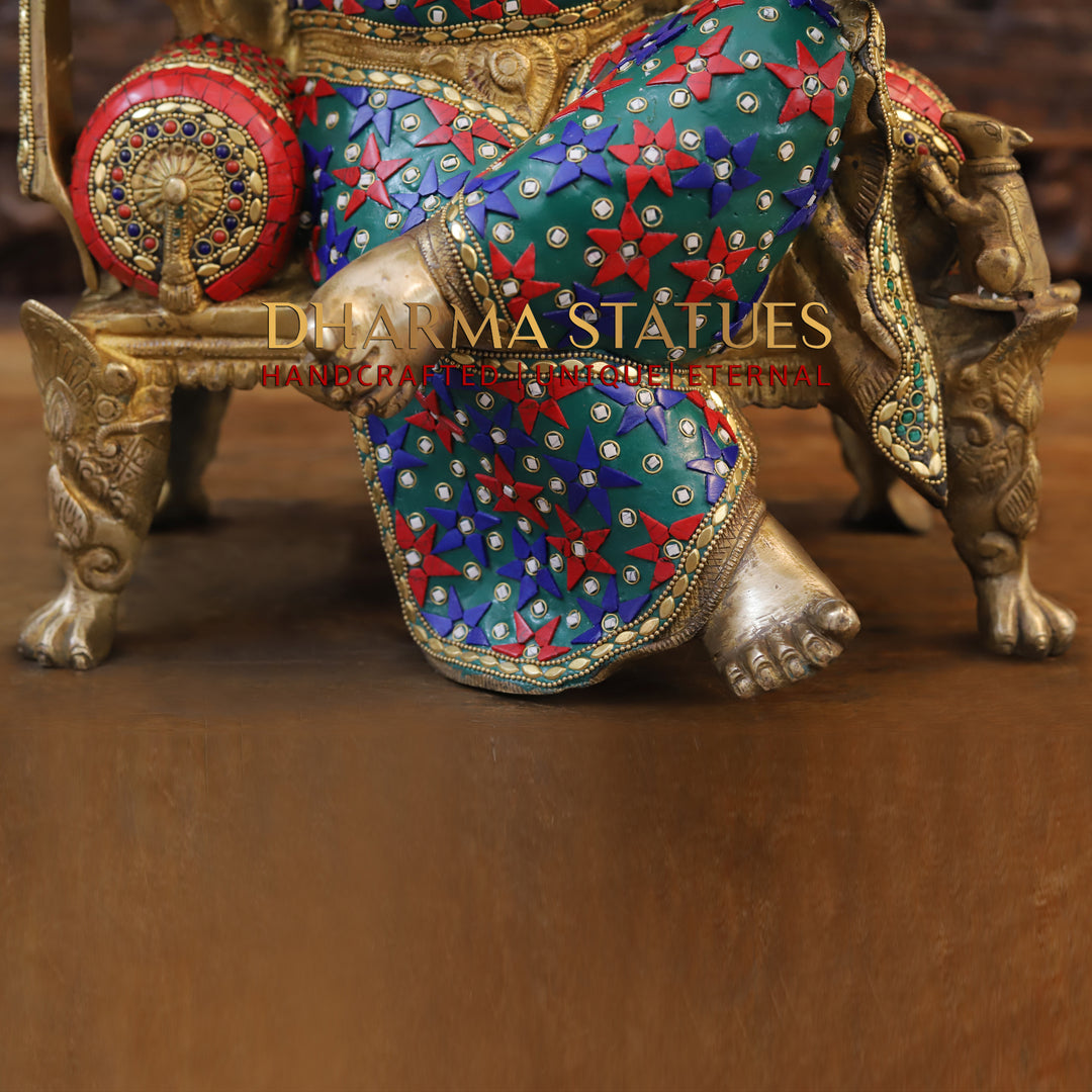 Brass Ganesha Idol, Sitting on a Pedestal, Golden and Stone work 20"