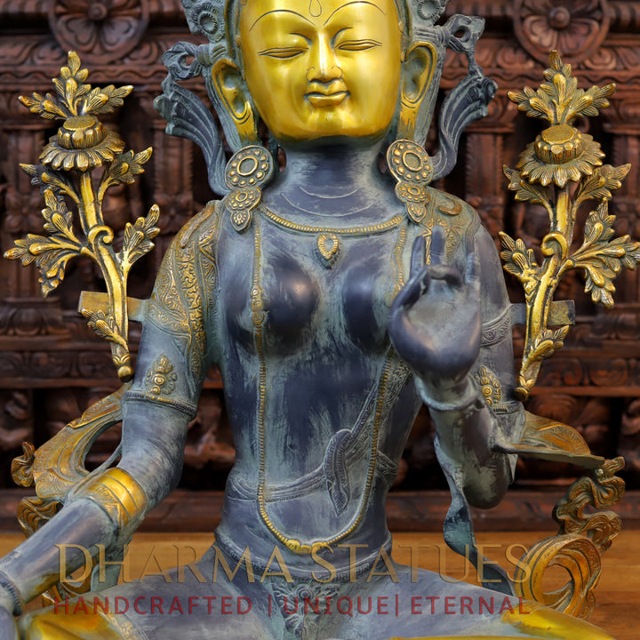 Brass Tara Idol, Seated, Black patina & Golden Finish 28"