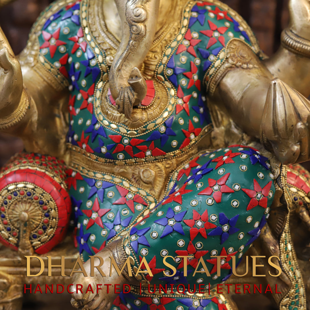 Brass Ganesha Idol, Sitting on a Pedestal, Golden and Stone work 20"