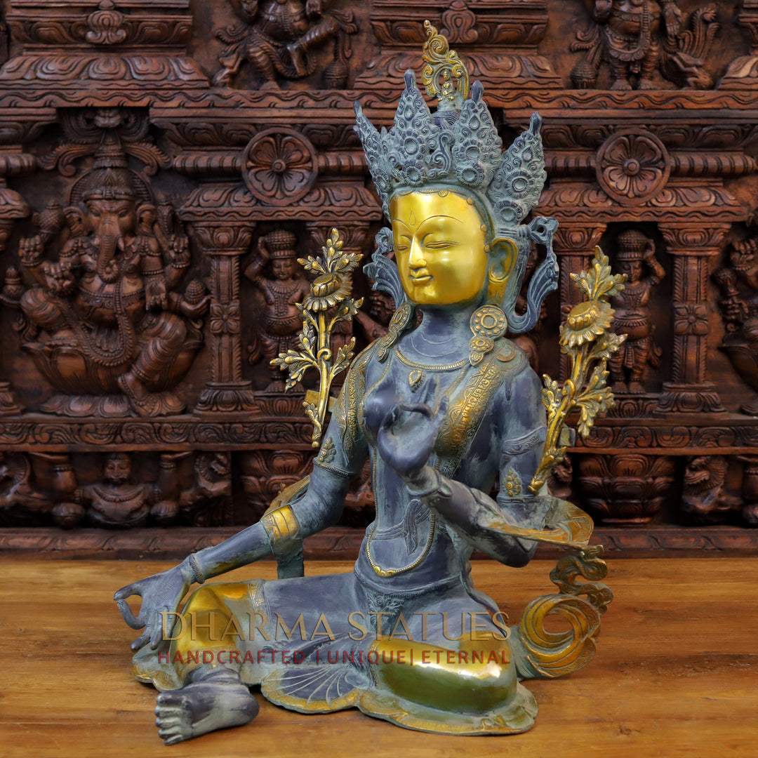 Brass Tara Idol, Seated, Black patina & Golden Finish 28" side view