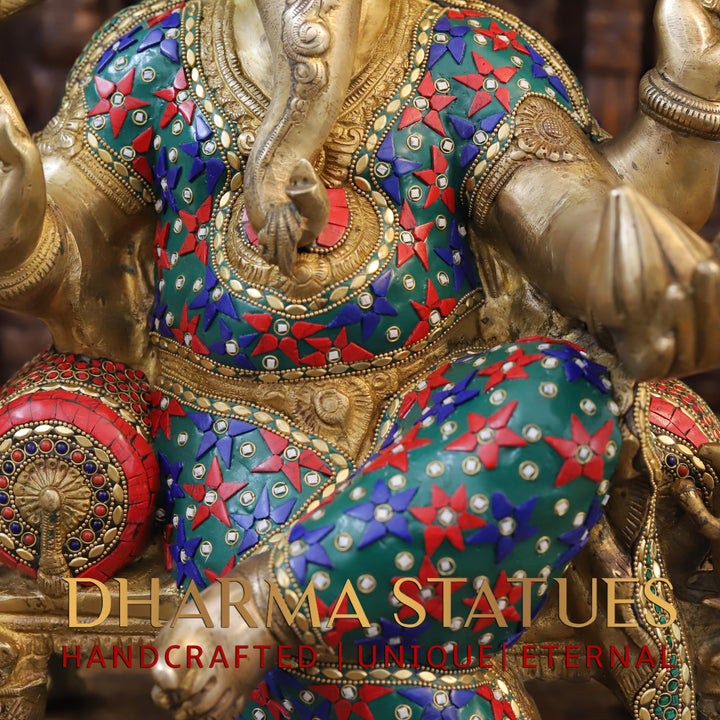 Brass Ganesha Idol, Sitting on a Pedestal, Golden and Stone work 20"