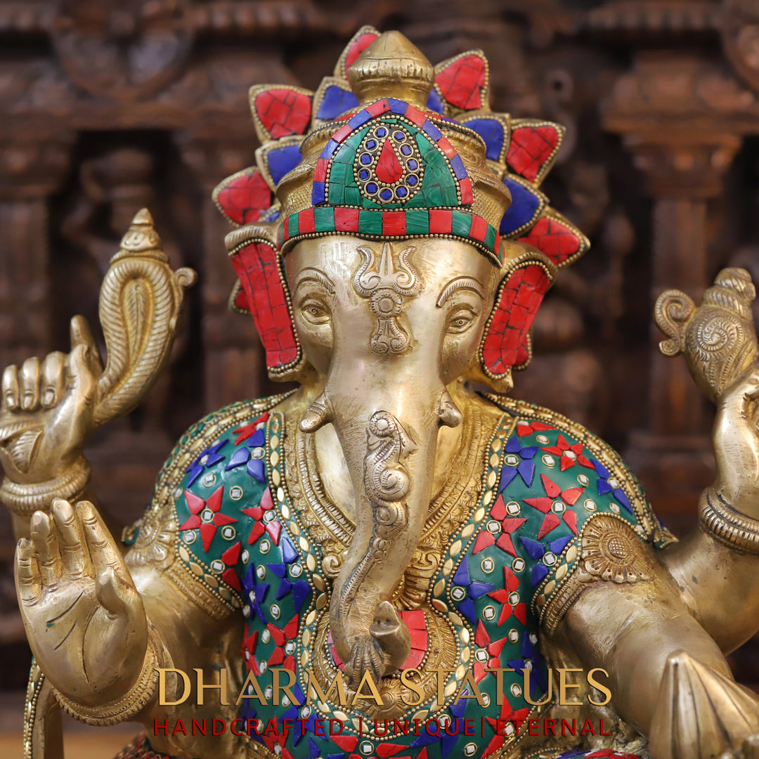 Brass Ganesha Idol, Sitting on a Pedestal, Golden and Stone work 20"