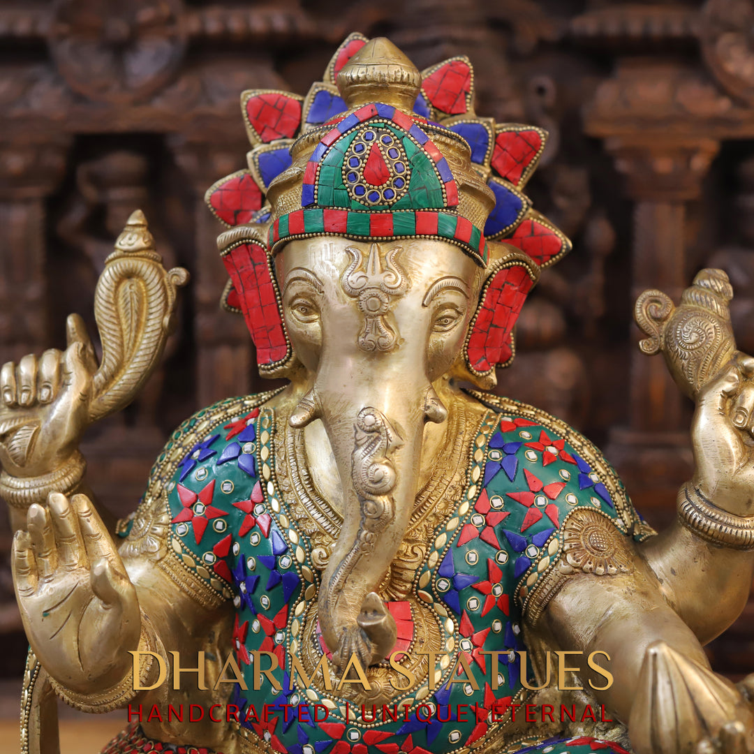 Brass Ganesha Idol, Sitting on a Pedestal, Golden and Stone work 20"