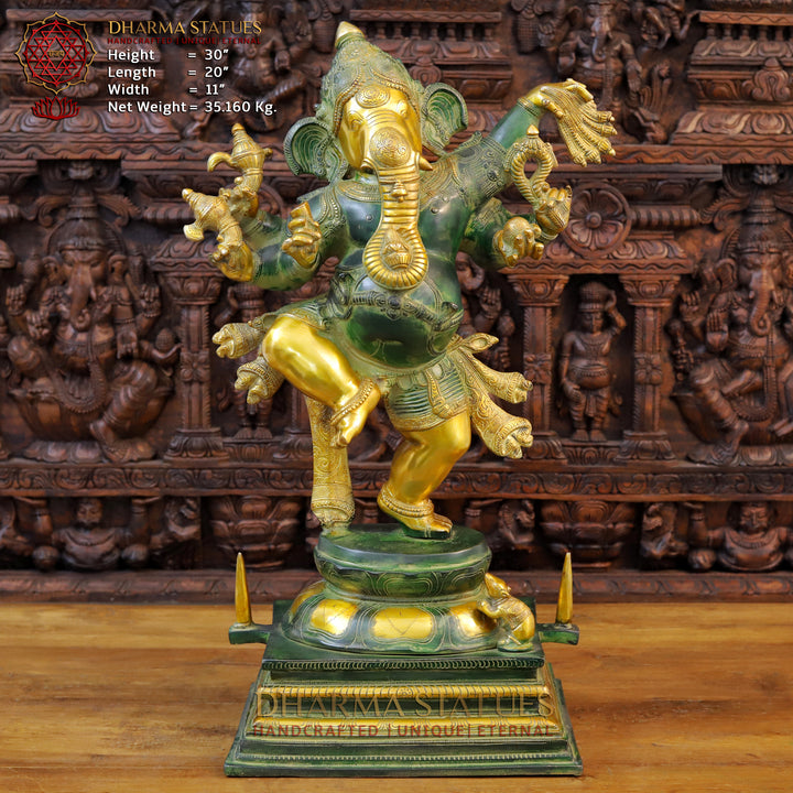 Brass Ganesh Idol, Dancing Ganesha, Green Patina & Golden Finish 30" front view