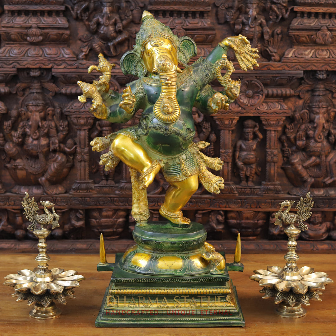 Brass Ganesh Dancing , Green And Gold Finish 30"