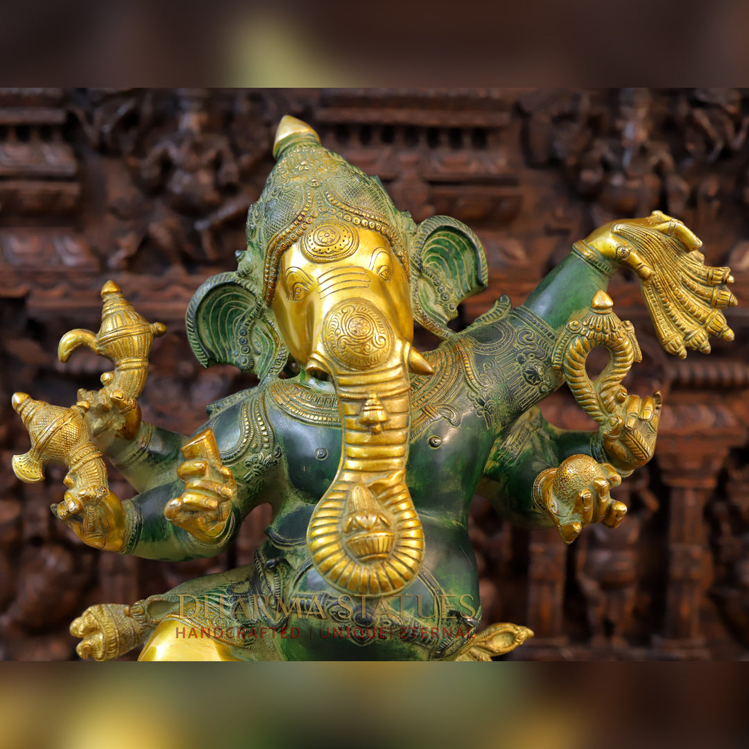 Brass Ganesh Dancing , Green And Gold Finish 30"