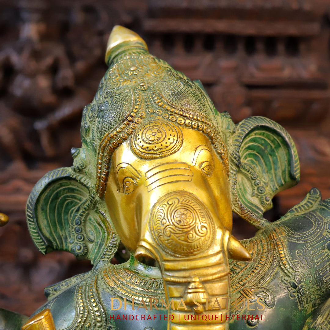 Brass Ganesh Dancing , Green And Gold Finish 30"