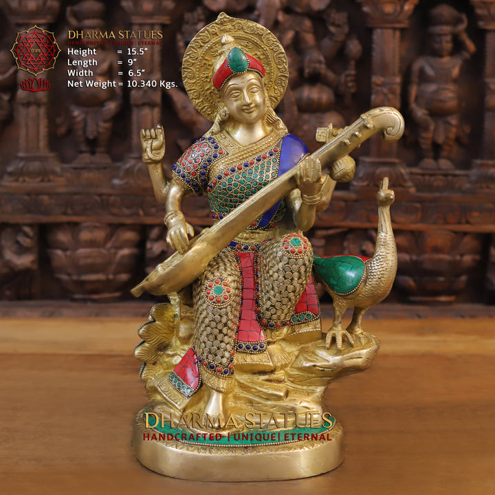 Brass Saraswati Idol, Seated with Peacock, Golden and Stone work 15.5"