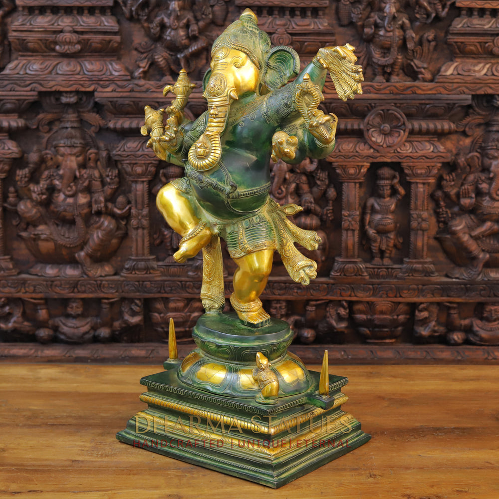 Brass Ganesh Idol, Dancing Ganesha, Green Patina & Golden Finish 30" side view