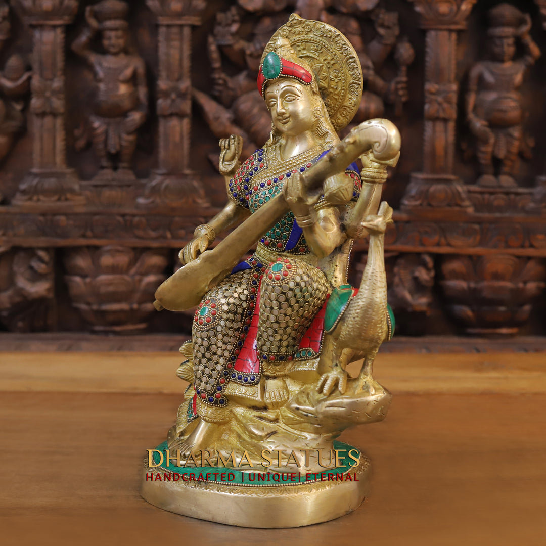 Brass Saraswati and Her Majestic Peacock,Sitar of Enlightenment, Golden Finish with Stonework 15.5"